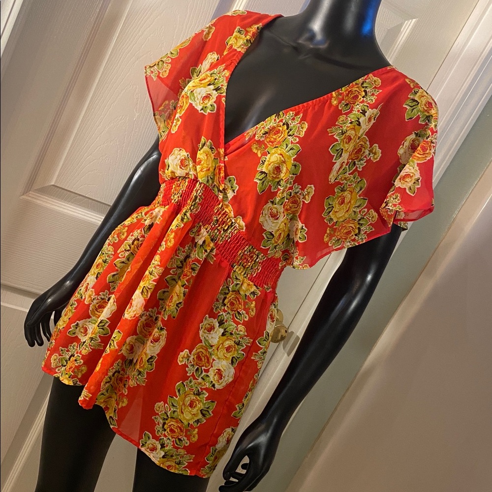 Forever 21 Red Floral Print Sheer Top - Picture 4 of 10